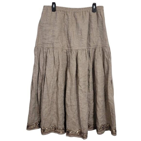 Eskandar Oatmeal Tan Linen Maxi Skirt Sz‎ 3 Elastic Waist Boho Prairie Lagenlook - Picture 1 of 6